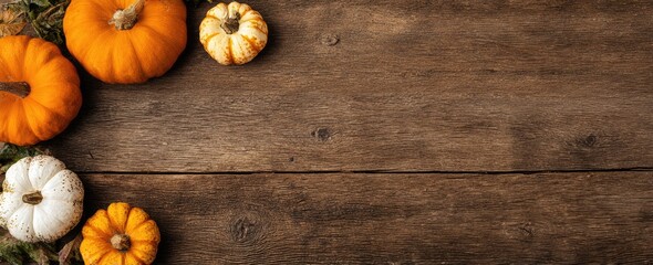 Autumnal pumpkins on a rustic wooden surface