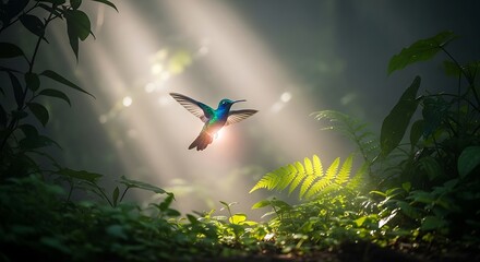 Hummingbird Flying in Forest
