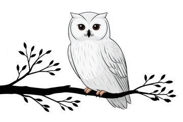 Snowy owl resting on a tree branch with small leaves
