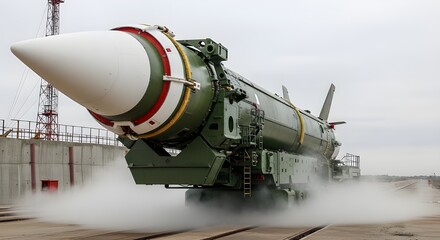 Vertical Ballistic Missile on Launch Pad with Vapor and Reinforced Concrete Backdrop