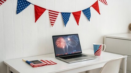Minimalist workspace with subtle patriotic decor for the Fourth of July, featuring a clean desk, tiny flags, and calm celebration spirit in a modern room