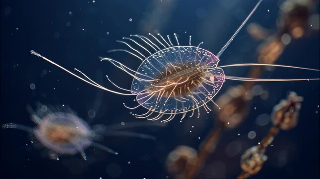 This mesmerizing image showcases detailed macro shots of delicate, glowing marine creatures swimming in the ocean.