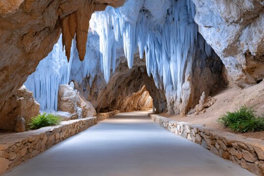 Mammoth Cave National Park walkway illuminated by sunlight entering from cave entrance - Powered by Adobe