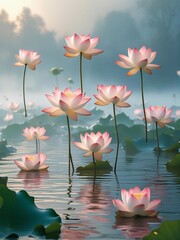 Serene Pink Lotus Flowers Gracefully Rising Above Calm Waters in Soft Mist