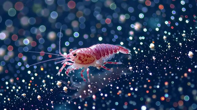 A captivating macro photograph of a shrimp in a shimmering, ethereal aquatic world.
