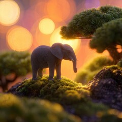 Obraz premium Miniature elephant on mossy landscape with bokeh background at sunset evokes wonder.