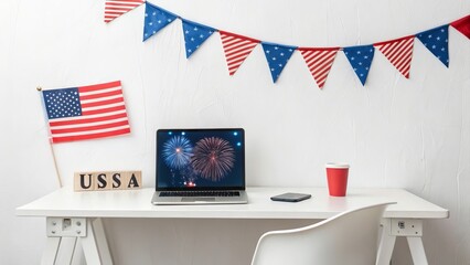 A second angle of a minimalist workspace with small patriotic banners, laptop screen, and clean decor, celebrating July Fourth with quiet, simple style