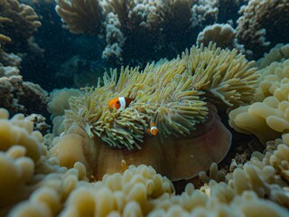 Clownfish Hiding in Vibrant Sea Anemone Underwater Coral Reef Scene