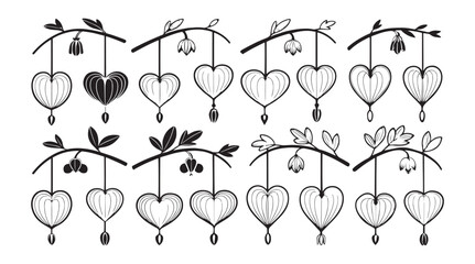 Collection of delicate bleeding heart flowers and buds hanging from branches in a stylized silhouette