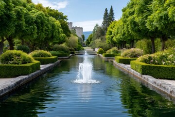 Fototapeta premium Water fountain in a beautiful garden with castle on background