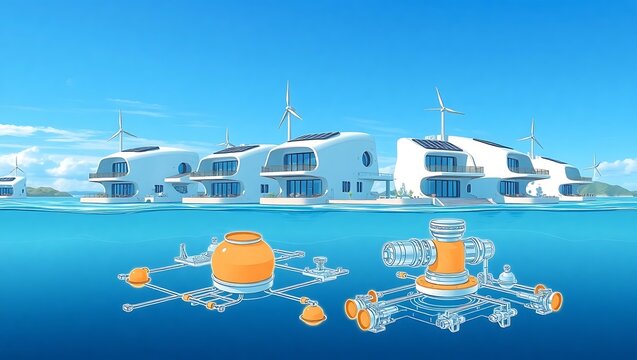 Eco-friendly floating futuristic housing with renewable energy sources in a clear blue ocean