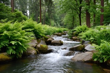 Obraz premium Pure stream flowing through lush ferns and rocks in peaceful forest