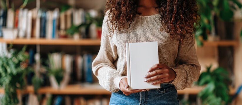 Woman holding a blank book in a library setting (1)