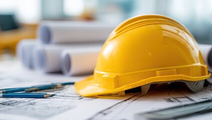 Safety helmet on blueprints