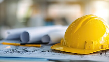 Yellow hard hat on blueprints (2)