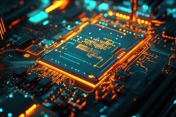 Futuristic computer processor glowing orange on a circuit board with intricate designs and advanced technology harnessing digital energy