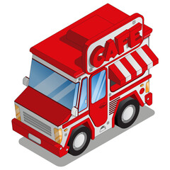 Van with a mobile cafe. Isometric. Isolated on white background. Vector illustration.