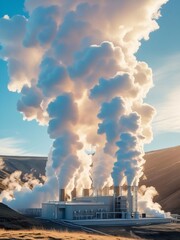 Massive Steam Clouds Erupt from a Geothermal Energy Plant Under a Bright Sky