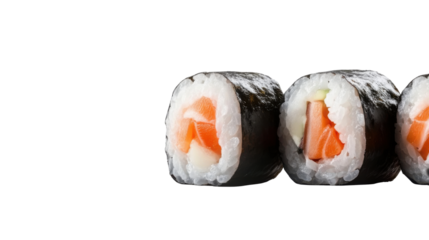 Fresh Sushi Roll Makizushi with Seaweed, Rice, and Fish Filling Isolated on White Background
