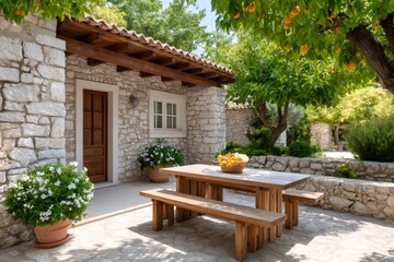 Obraz premium Wooden table and benches under orange tree in front of stone house