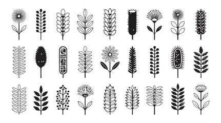 Collection of stylized botanical elements and flowers in a simple black and white silhouette design