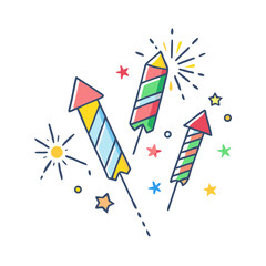 Fototapeta premium Colorful cartoon fireworks rockets exploding with stars and sparkles