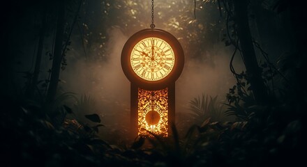 Grandfather Clock in Misty Forest