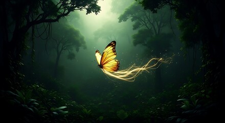Butterfly Flying Through Green Forest Landscape
