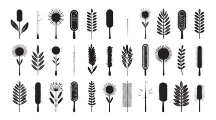Collection of diverse botanical elements and floral shapes in a stylized black and white silhouette