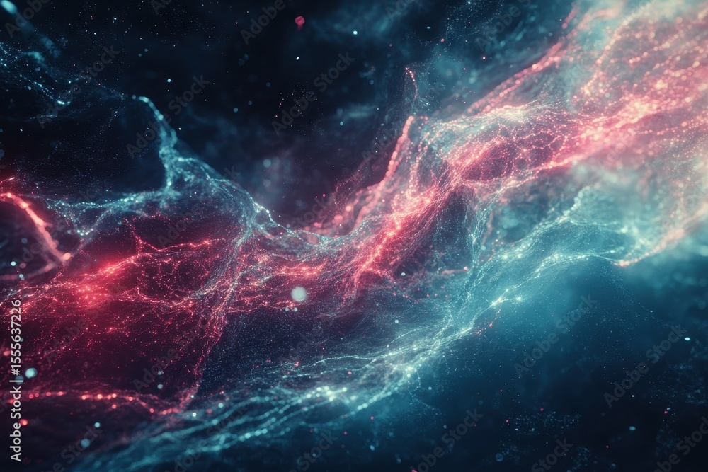 Poster futuristic data stream flows through cyberspace, showcasing vibrant colors and dynamic movement amid