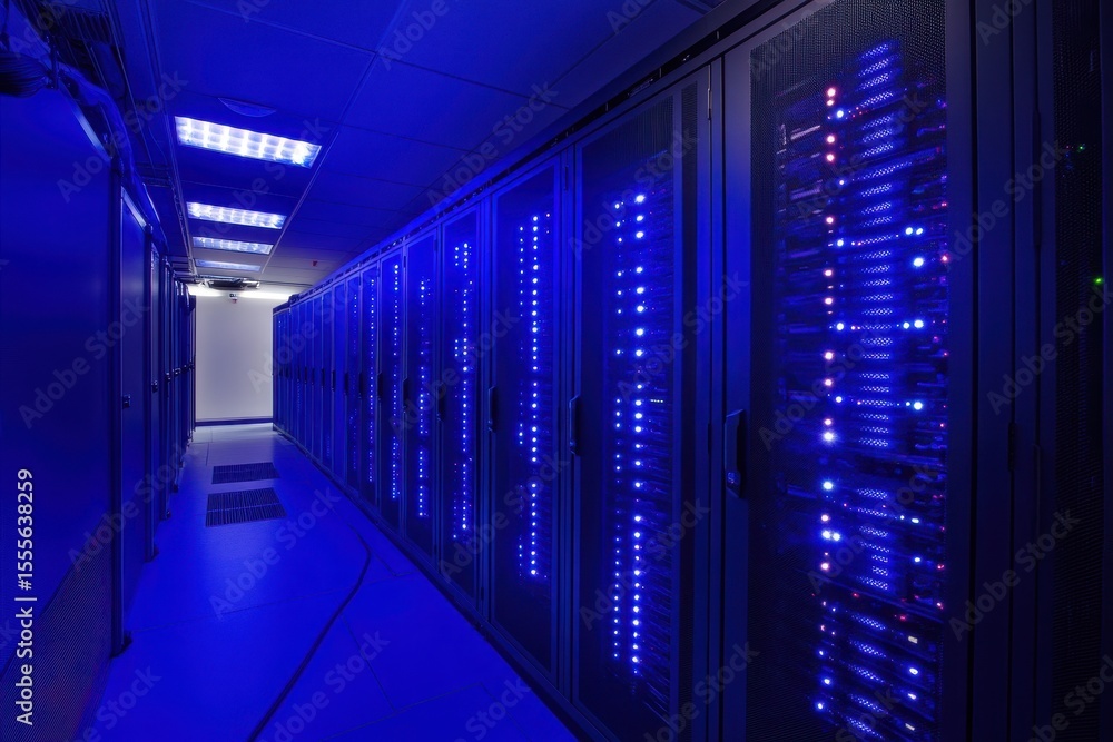Aufkleber sleek server room illuminated by glowing blue lights showcasing advanced technology and efficient or