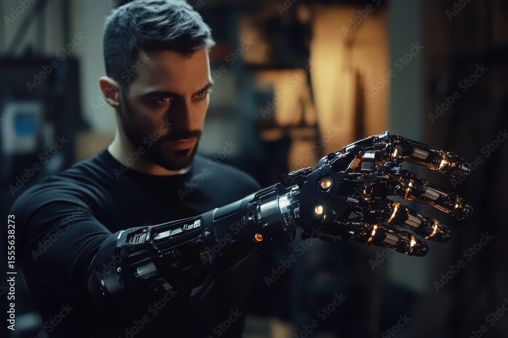 Aufkleber advanced man demonstrates capabilities of robotic bionic arm in workshop setting, showcasing intrica