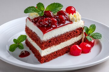Delicious red velvet cake slice decorated with cherries and mint