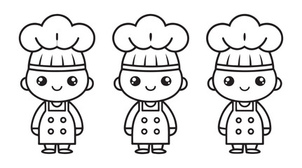 Three cute kawaii chefs wearing toques and aprons in a simple line drawing silhouette style