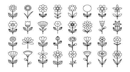 Collection of diverse stylized flower icons in a minimalist line art silhouette style