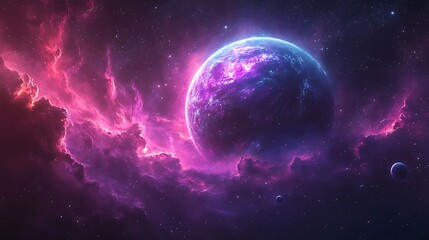 Obraz premium A vibrant purple nebula surrounds a glowing planet and two smaller celestial bodies in a breathtaking cosmic scene