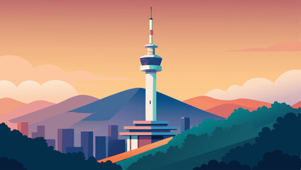Fototapeta premium A tower against mountains and sky in a stylized depiction landscape illustration