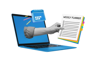 Hand reaches from laptop screen holding a weekly planner with scheduling icon
