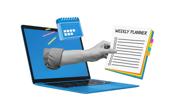 Hand reaches from laptop screen holding a weekly planner with scheduling icon