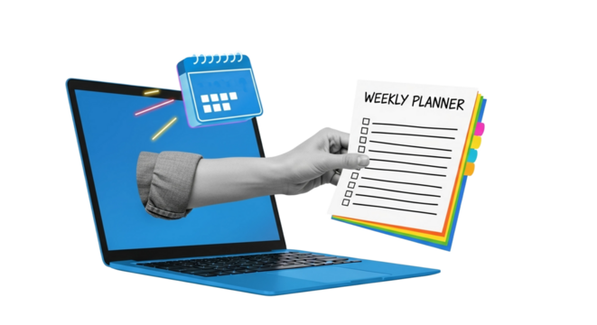 Hand reaches from laptop screen holding a weekly planner with scheduling icon