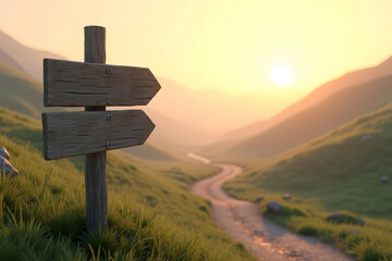Wooden Direction Sign on Mountain Trail Pathway in Countryside Landscape at Sunset