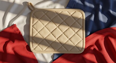 Blank pot holder laid flat on a soft, slightly wrinkled background of red, white, and blue fabric folds