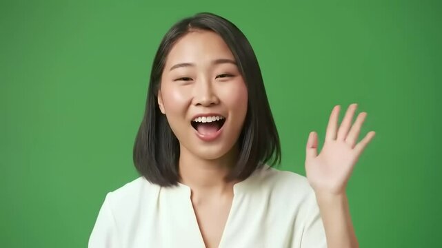 Smiling woman waving against a vibrant green background, conveying friendliness and approachability