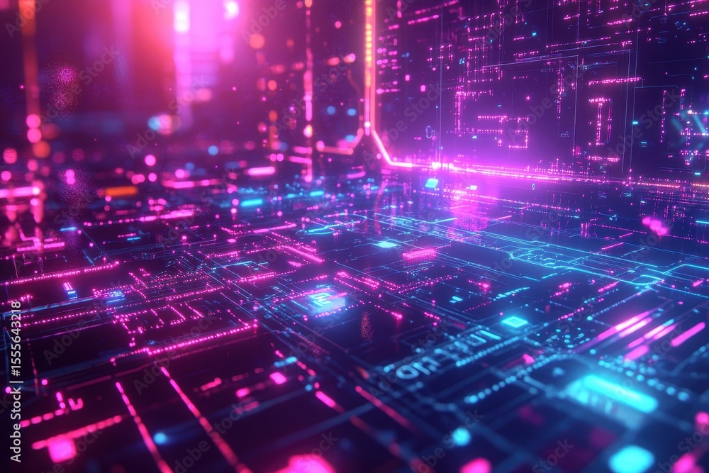Poster floating holographic interface in a deep cyberspace environment showcasing vibrant data flow and neo