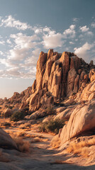 Obraz premium Towering tan rock formation stands at the edge of a desert canyon with scattered shrubs and glowing sunset clouds illuminating the vivid landscape and terrain