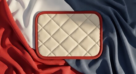 Blank pot holder laid flat on a soft, slightly wrinkled background of red, white, and blue fabric folds