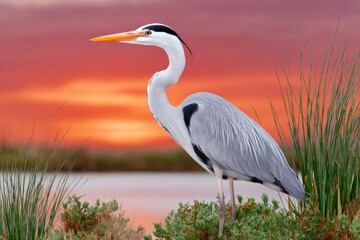 Fototapeta premium Grey heron standing in lake at sunset