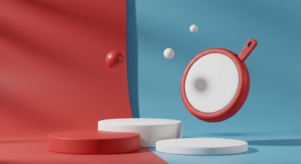 Pot holder mockup rendered to appear floating slightly above a tricolor podium