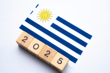 2025, Uruguay, Uruguay flag with date block, Concept, Important events for Uruguay in the new year,...
