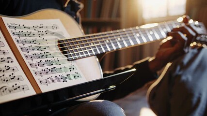 Warm sunlight illuminates a musician meticulously playing an acoustic guitar, carefully reading the notes from a music sheet placed on a stand, creating a serene and focused atmosphere